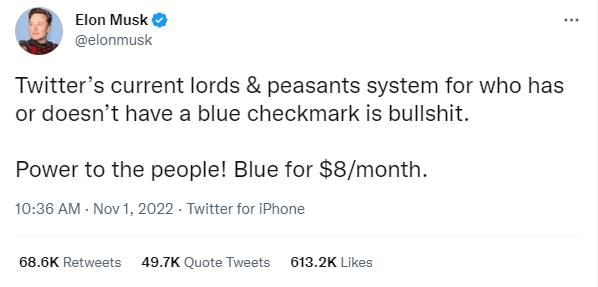 Elon Musk says 'Twitter’s current lords & peasants system for who has or doesn’t have a blue checkmark is bullshit. Power to the people! Blue for $8/month.'