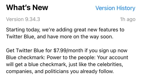 Twitter's feature description: 'Your account will get a blue checkmark just like the celebrities, companies, and politicians you already follow.'